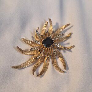 Vintage Abstract Floral Gold Tone Brooch with Crystals Circa 1960s